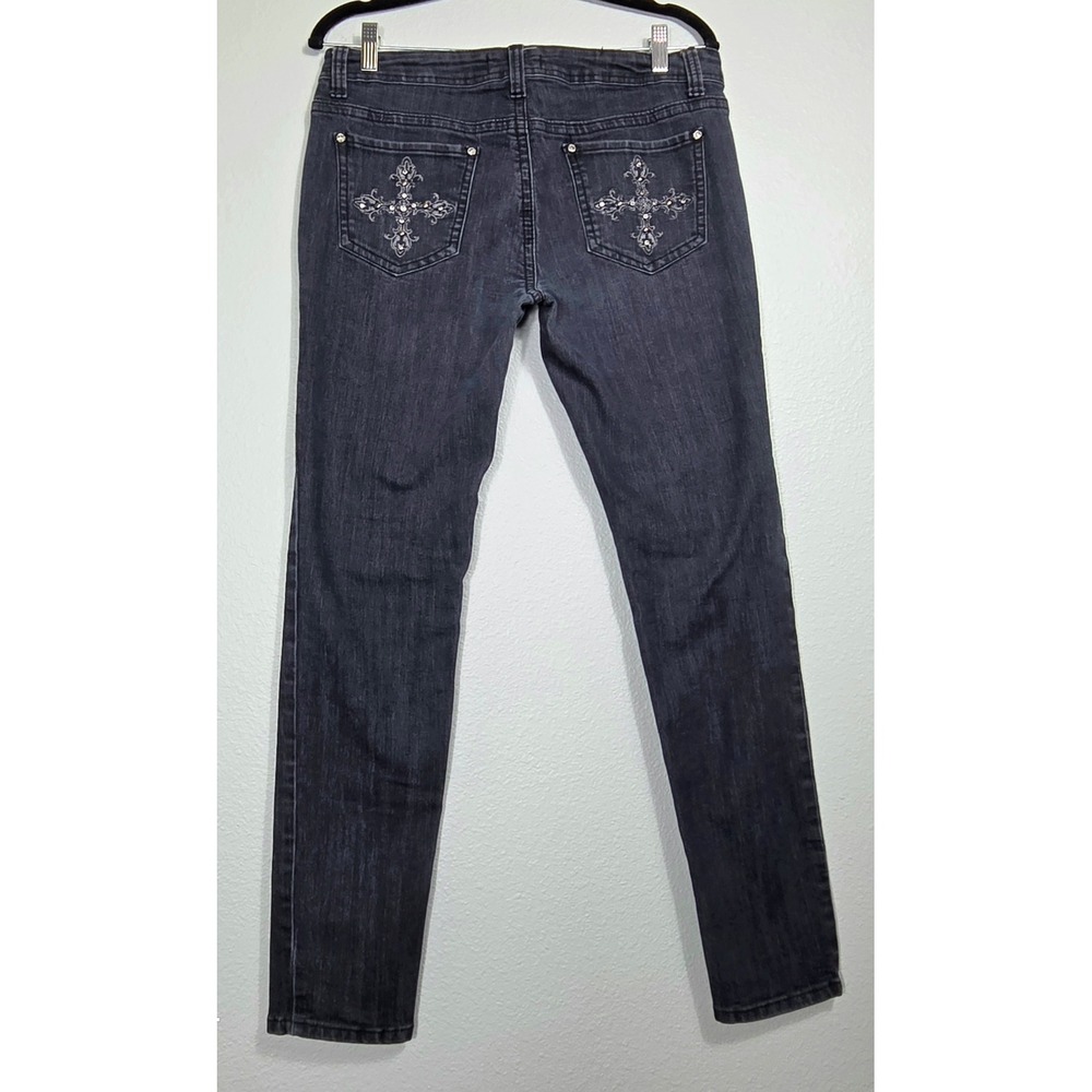 Forever 21 Premium Denim Cross Rhinestone Skinny Jeans Gray Size 30 Y2K